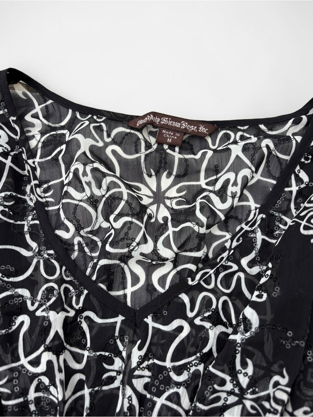 Y2K Black White Sequin Abstract Scroll Tunic Sheer Flutter Sleeve Boho M - Picture 5 of 11